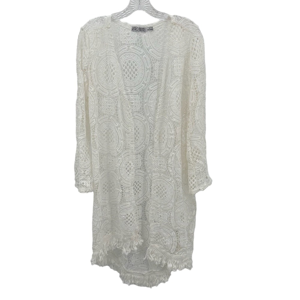 Retro Threads Womens Large White Crochet Lace Fringe Duster Cardigan Medallion